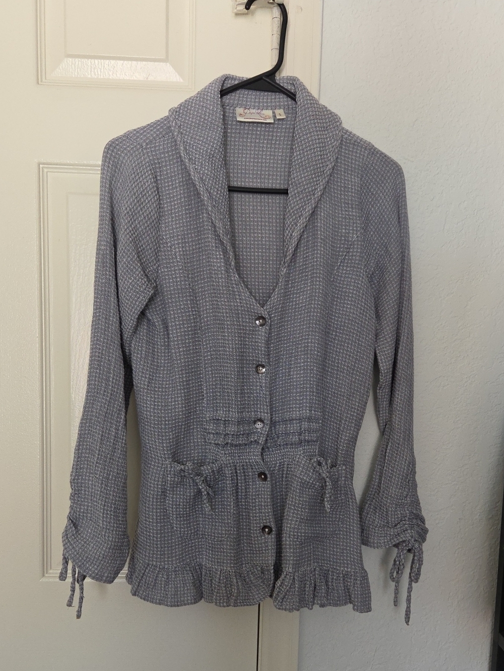 Paper Lace Textured Light Blue Button-Up Cardigan with Ruffle Hem Small